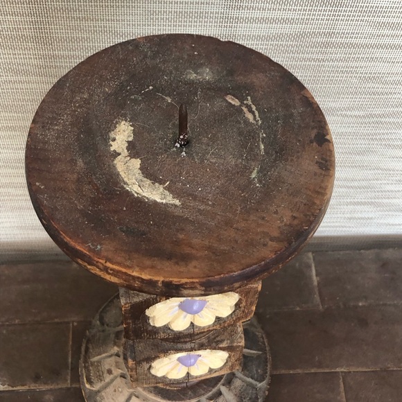 Vintage Carved Wood Floral Distressed Rustic Boho Candle Holder - Picture 4 of 9